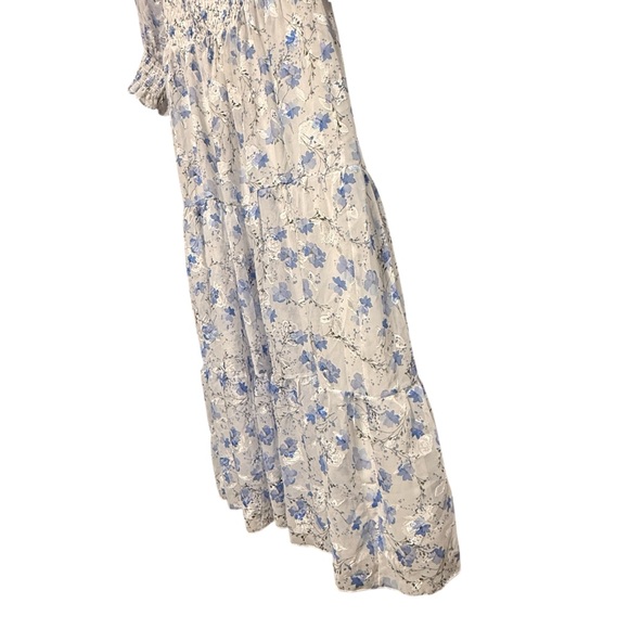 Baltic Born Fabian Jacquard Midi Dress XL White Blue Floral Sheer Sleeve Tiered - Picture 5 of 14